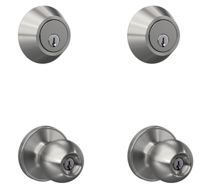 lot 222 image: First Secure by Schlage Deadbolt and Keyed Entry Rigsby Knob, 2PK in Stainless Steel