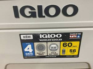 lot 176 image: Igloo Bone White and Gray 60-Quart Sunset Roller Cooler