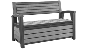 lot 72 image: Keter Hudson 60 Gallon Capacity Plastic Resin Weather Resistant Outdoor Home Backyard Storage BenchDeck Box Chest Patio Furniture, Gray