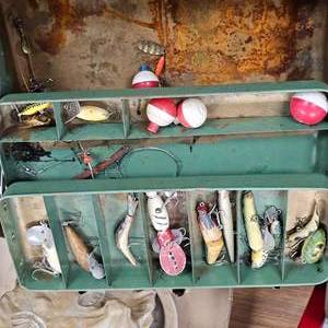lot 33 image: 4 Classic Aluminum and Steel Tackle Boxes with Lures, Arbogast, Heddon, Lazy Ike, Vamp Spook