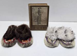 lot 111 image: Antique Squaw Man Hardcover Book & 2 Pair of Native American Moccasins 