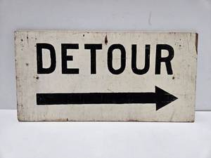 lot 115 image: Vintage 1950s era Hand Painted Wood DETOUR Road Sign