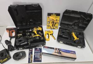 lot 137 image: Group of Working DEWALT Power Tools wCases Good Batteries & Chargers