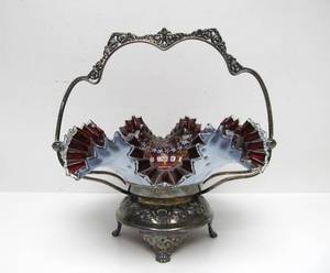 lot 7 image: Exceptional Antique Victorian Glass Wedding Basket wOriginal Ornate Stand