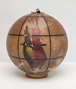 lot 141 image: Antique Art Nouveau Hanging Glass Globe Light Fixture wHand Painted Parrot 
