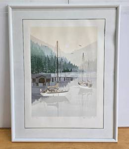 lot 187 image: Framed Signed Numbered Shoreline Scene wSailboat - Cove