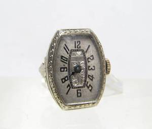 lot 201 image: Vintage Deco Genuine 14K White Gold Hafis Swiss Made Ring Watch