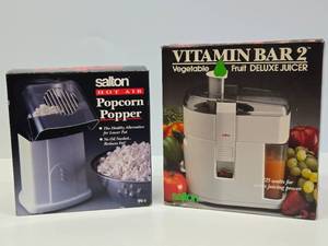 lot 269 image: 2 New in Box Kitchen Appliances - Vitamin Bar 2 Deluxe Juicer & Salton Popcorn Popper