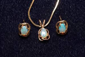 lot 82 image: 14K Gold Opal Necklace & Earring Set  Elegant and Dainty