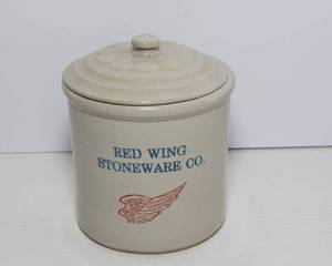 lot 138 image: 7th Annual Red Wing Review Crock with Lid  Red Wing Stoneware Co.
