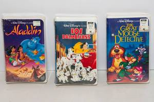 lot 180 image: Sealed Black Diamond Disney VHS Tapes  Lot of 3 The Great Mouse Detective, 101 Dalmations, and Aladdin