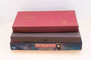 lot 213 image: Lot of 3 Board Games  Scrabble, Chinese Checkers, Monopoly Here & Now