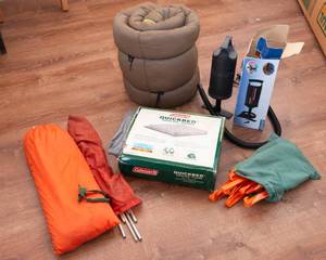 lot 235 image: Camping Lot  Tent, Queen Air Mattress, Pump & Sleeping Bag