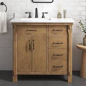 lot 2 image: Home Decorators Collection Bellington 42 in. Single Sink Almond Toffee Bath Vanity with White Engineered Stone Top (Assembled)  Customer Returns See Pictures