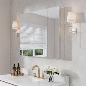 lot 35 image: WELLFOR ROSA 40 in. W x 30 in. H Rectangular Aluminum Tri-View Medicine Cabinet with Mirror, Blum Hinge, Adjustable Shelves Customer Returns See Pictures