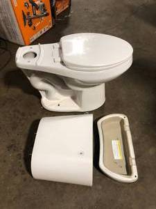 lot 15 image: Glacier Bay 10 in. Rough in. 2-Piece 1.28 GPF Single Flush Elongated Toilet in White, Seat Included Damaged Customer Returns See Pictures