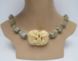 lot 8 image: Large Stone Beaded Oriental Necklace wLarge Carved Bone Dual JaguarTiger Pendant