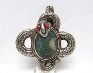 lot 12 image: Vintage Tibetan Silver Snake Pendant wTurquoise