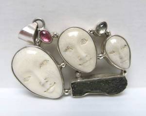 lot 11 image: Lovely Carved Bone 3-Face Sterling Silver Pendant wAncient Glass & Gemstones