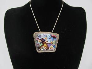 Fantastic Large Sterling Silver &amp; Cloisonné Enamel Pendant Necklace by C.R. Dunetz