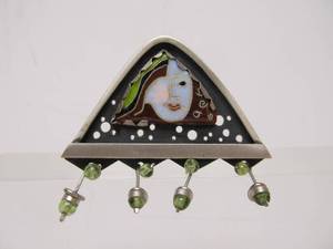 lot 20 image: Lovely signed Sterling Silver Triangular Brooch wEnamelwork Face by Susan Crow Metz