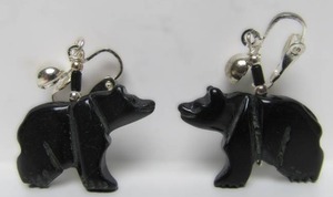 lot 26 image: Pair of Carved Jet stone & Sterling Silver Native American Bear Fetish Earrings