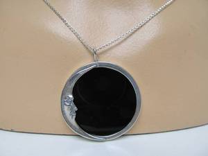 lot 28 image: Sterling Silver & Black Onyx or Glass Moon Pendant