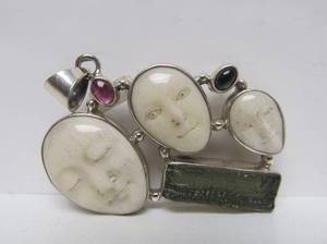 lot 31 image: Very Cool Sterling Silver Pendant wGemstones, Ancient Glass & Carved Bone Faces