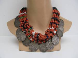 lot 36 image: Wonderful Large Antique Moroccan Coral & Genuine Silver Coin Necklace