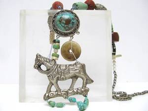 lot 44 image: LARGE & Impressive Carved Stone & Turquoise Beaded Necklace wLarge Horse Pendant
