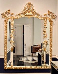 Very Large Ornate and Elegant Gilt and Painted Mirror with Floral Motif