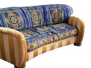 J. Coro Collection Upholstered Sofa with Versace Pattern Fabric and Ornate Wooden Accents