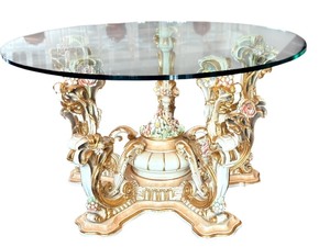 lot 5 image: Ornate Italian Asnaghi Glass Top Dining Table with Sculpted Floral Base  Vintage Baroque Style Table