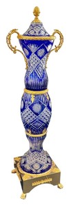 lot 10B image: 56-Inch Tall Blue Cut Crystal Vase  Urn with Gold Accents on Pedestal Base