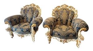 lot 12 image: Pair of Ornate Rococo-Style Armchairs with Blue and Gold Upholstery
