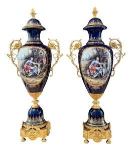 lot 19 image: Pair of Dresden Sevres Style Porcelain Urns with Gilt Metal Mounts, 30 Inch Tall