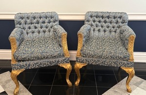 lot 23 image: Pair of J. Caro Collection Custom Upholstered Armchairs with Gold Accents