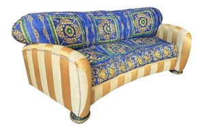 lot 31 image: J. Coro Collection Upholstered Sofa with Gold Trim and Blue Baroque Fabric