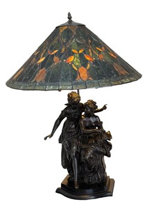 lot 32 image: Collestion Francaise Bronze Style Figural Table Lamp with Stained Glass Shade