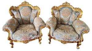 lot 37 image: Pair of Ornate Upholstered Armchairs with Carved Gold Frames
