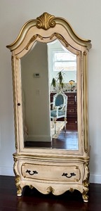 lot 42 image: Ornate Mirrored Armoire with Gold Accents and Lower Drawer