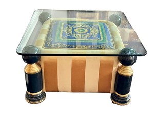 lot 46 image: Versace Fabric Coffee Table with Glass Top and Painted Wood Accents