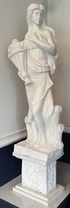 lot 48 image: Large Marble Classical Woman Statue with Floral Motif Pedestal  Large Four Seasons Female Statue