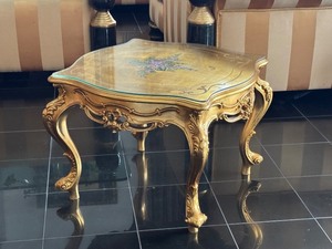 lot 49 image: Ornate Gold Gilt Accent Table with Floral Top and Glass Cover