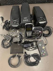 lot 35 image: Mixed Electronics Lot with Panasonic Phone, Logitech Webcam, Altech Speakers and Accessories