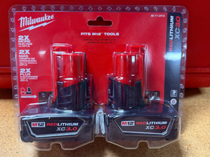 lot 9 image: 2 Pack Milwaukee M12 12- Volt Lithium -Ion XC Extended Capacity 3.0 AH Battery Pack - Brand NEW  - 48-11-2412 - MSRP $129