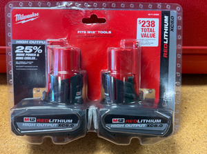lot 14 image: 2 Pack Milwaukee M12 12-Volt Lithium-Ion XC High Output 5 Ah Battery BRAND NEW 48-11-2450S MSRP $249