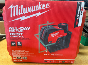 lot 55 image: Milwaukee M12 12-Volt Lithium-Ion Cordless Green 125 ft. Cross Line and Plumb Points Laser Level Kit with 3.0 Ah Battery BRAND NEW 3622-21 MSRP $529