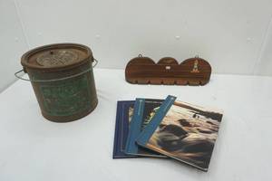 lot 5 image: Vintage Galvanized Minnow Bucket, Rod Holder Shelf, Fishing Books