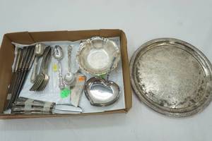lot 13 image: Vintage Silverplate Flatware, Serving Dishes, and Tray